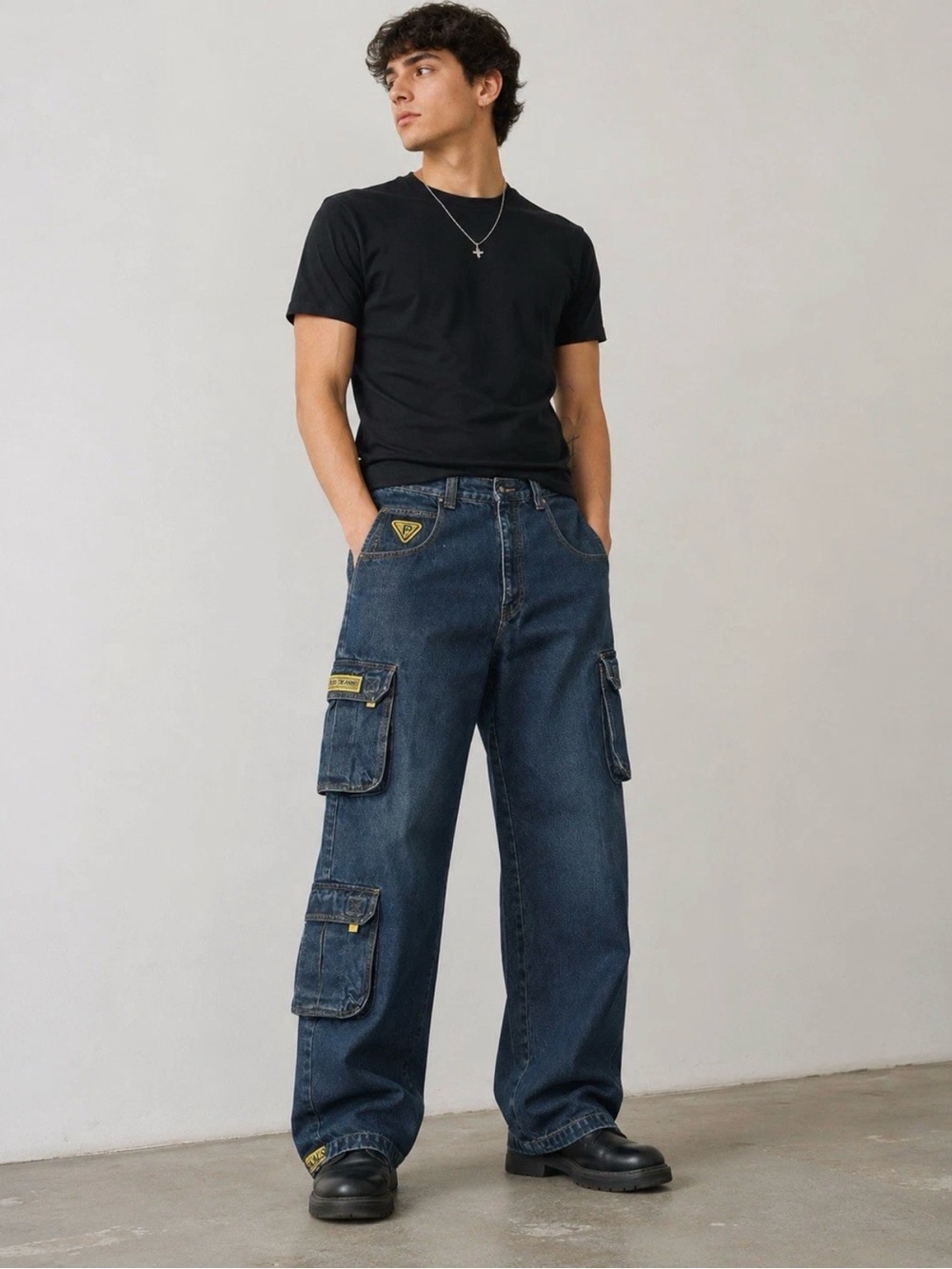Y2K Paco Jeans Dark Wash Utility Cargo Jeans with Yellow Accents